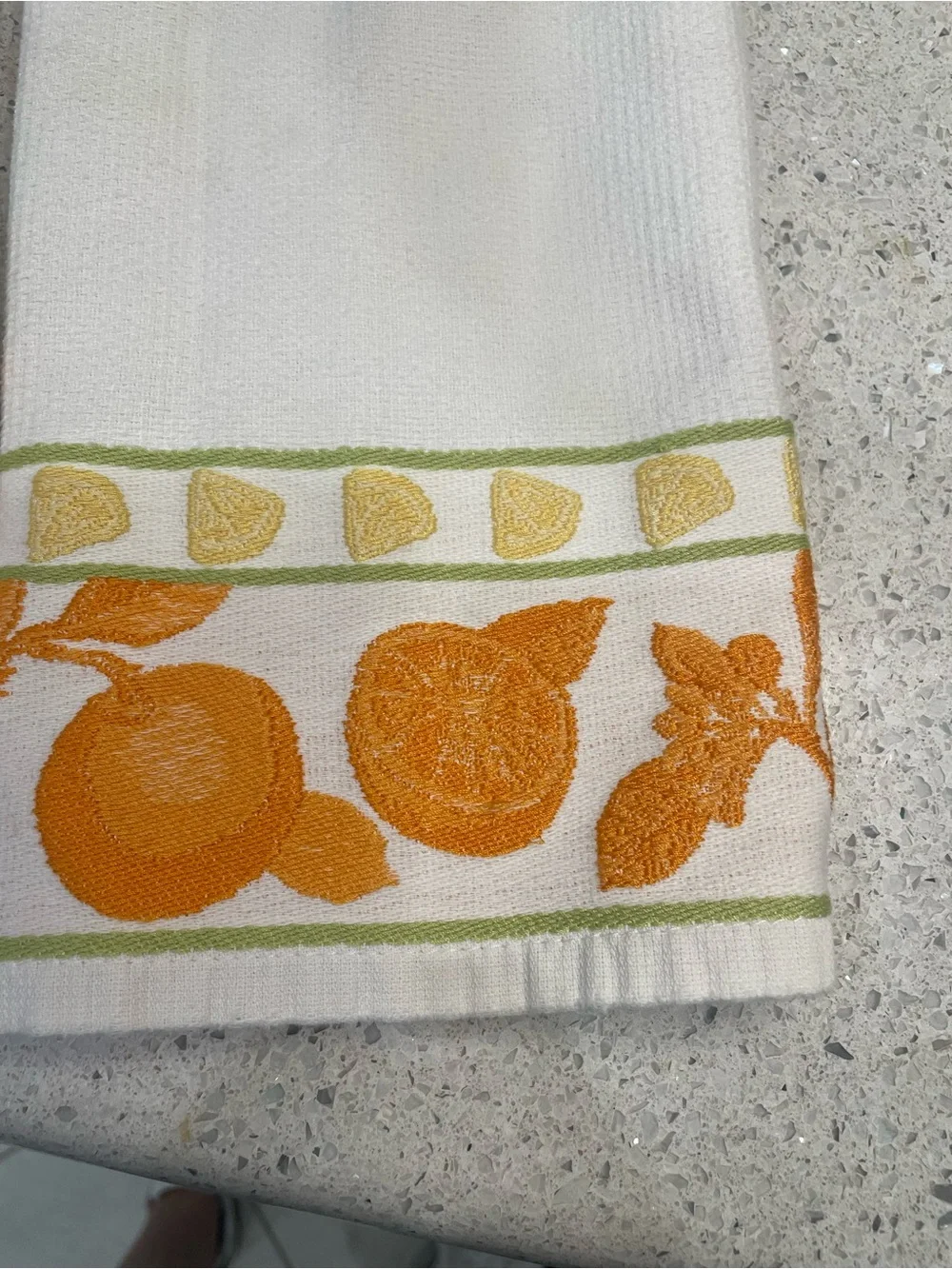 Vintage White Kitchen Towels with Embroidered Orange Citrus Border